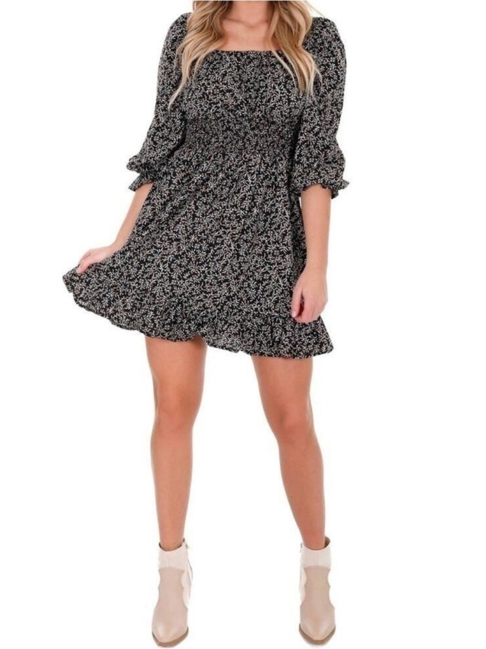 She & Sky Fall For You Floral Puff Sleeve Smocked Waist Ruffle Hem Short Dress